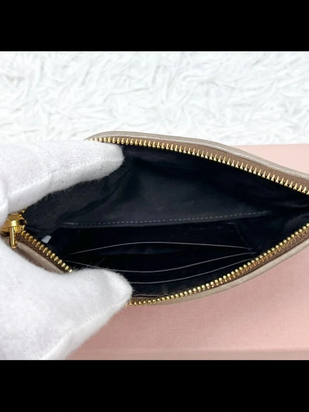 Miu Miu Metallic Taupe Matelassé Zip Wallet with Gold Logo